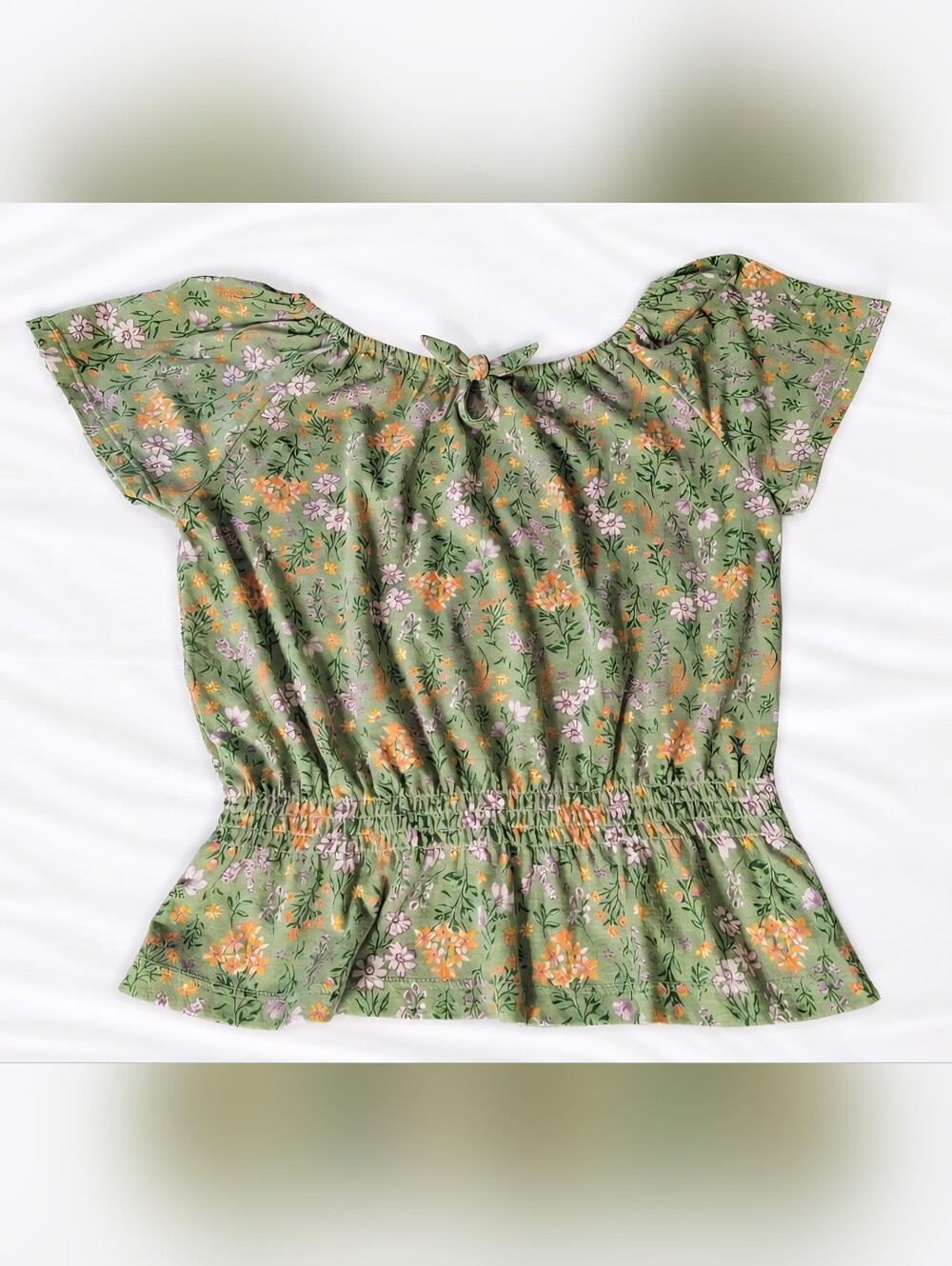 The Children's Place Girls Green Floral Tie-Neck Top (Size M-7/8)
